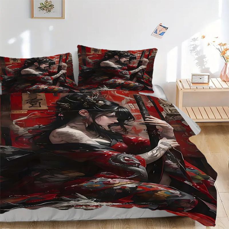 3pcs Anime Samurai Theme Comforter Set with One Quilt Cover and Two Pillowcases (No Core), Perfect for Bedroom and Guest Room Decoration, Festive Gift