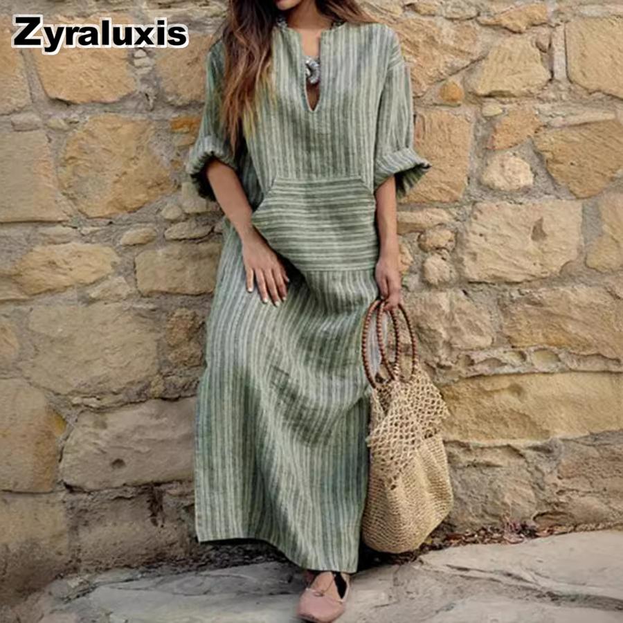 Trendy New Cotton Linen Color Striped Loose Long Dress