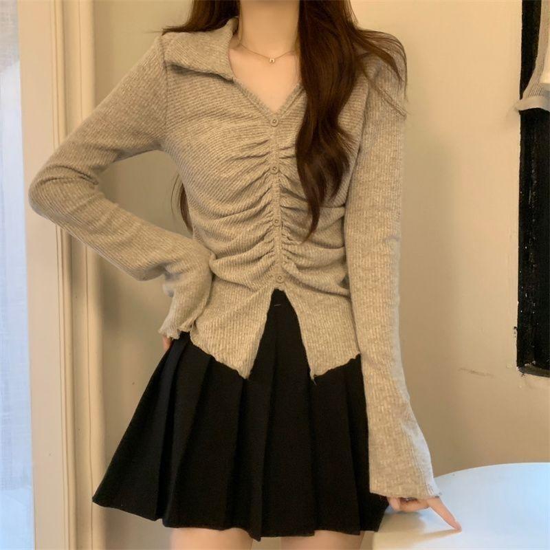 

Корейская футболка с V-образным вырезом на пуговицах, весна-осень, приталенная, модная, со складками, женская одежда, однотонная, базовая, хотсвит, пуловеры с длинным рукавом XL дубильная кора