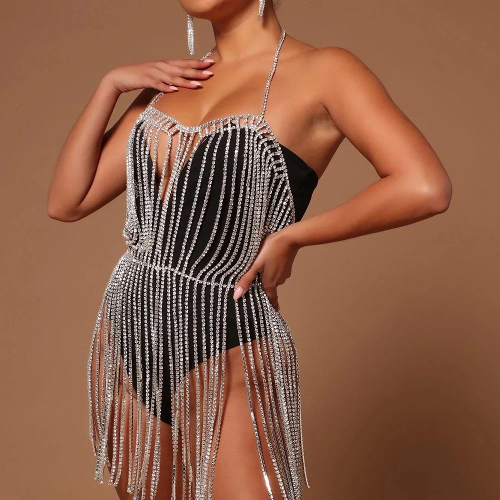 Dropshipping Sexy Club Nightclub Party Dance Crystal Bling Rhinestone Chain Tassel Halter Body Chain Dress Set