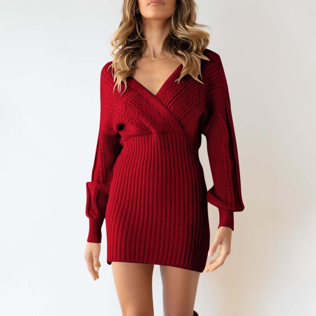 Lässiger V-Ausschnitt, sexy, verdrehter, mittellanger Damenpullover, Hüftrock