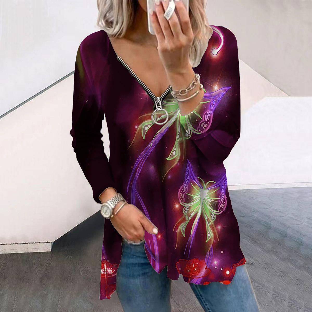 

Женские осенние красочные бабочки с длинным рукавом, свободные футболки с V-образным вырезом, большие размеры, удобные блузки 7XL фиолетовый