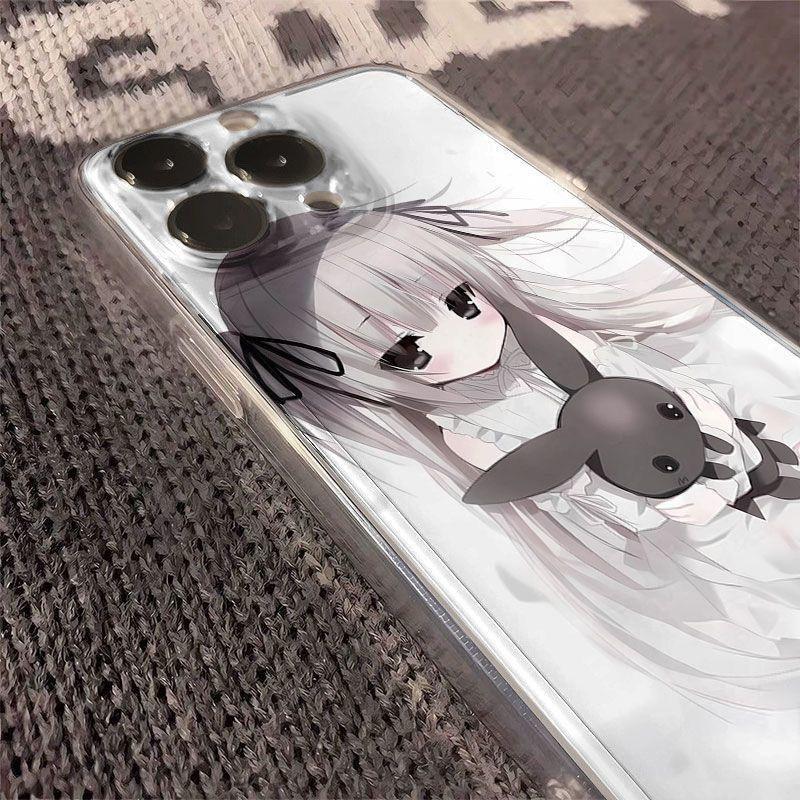 Kawaii Anime-Mädchen mit Hasen-Plüsch-Handyhülle für iPhone 17 16 15 14 13 12 11 16E Serie Pro Max Plus Doppelschichtiger Schutz