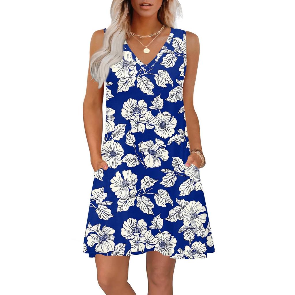 Women's Summer Dresses Loose Fit Printed V Neck Sleeveless Sundresses Beach Hawaiian Dress With Pockets