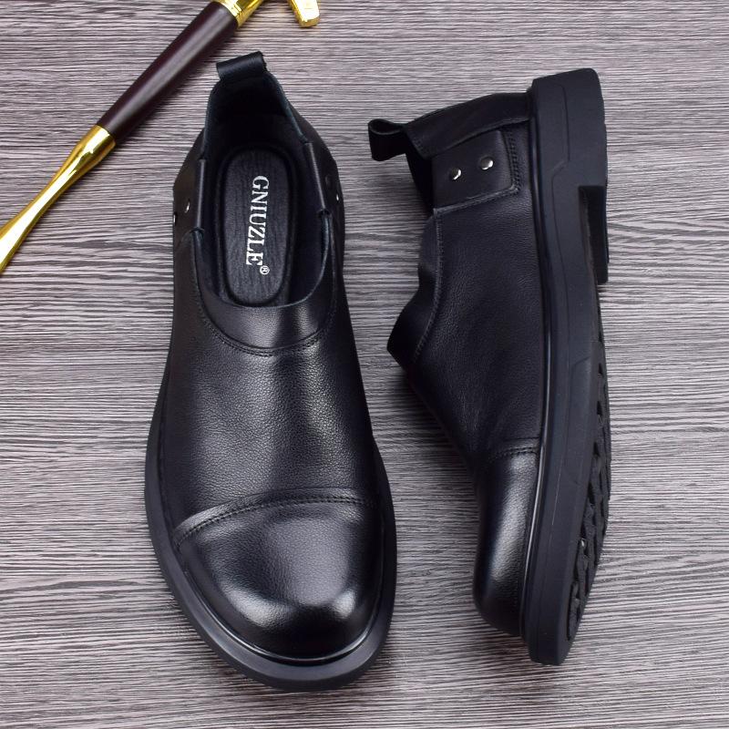 Leather First-Layer Cowhide Men'S Shoes Black Round Head Leather Shoes Men'S Breathable Trendy Shoes Personalized Business Blue Big Head Shoes