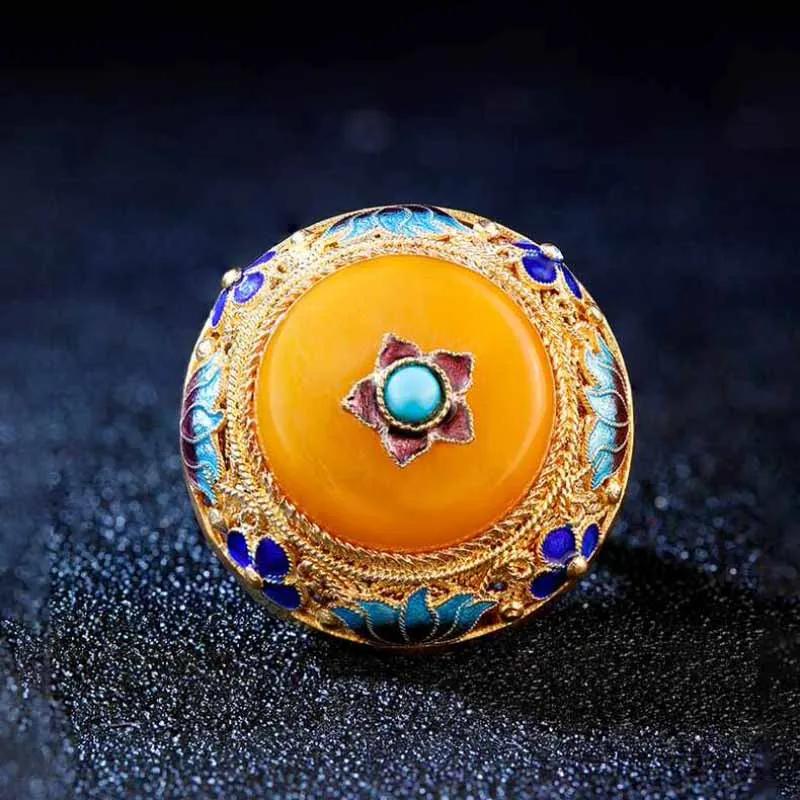Ancient Gold Craftsmanship Palace Style Natural Yellow Chalcedony Lotus Enamel Porcelain Rings For Women Luxury Dinner Jewelry