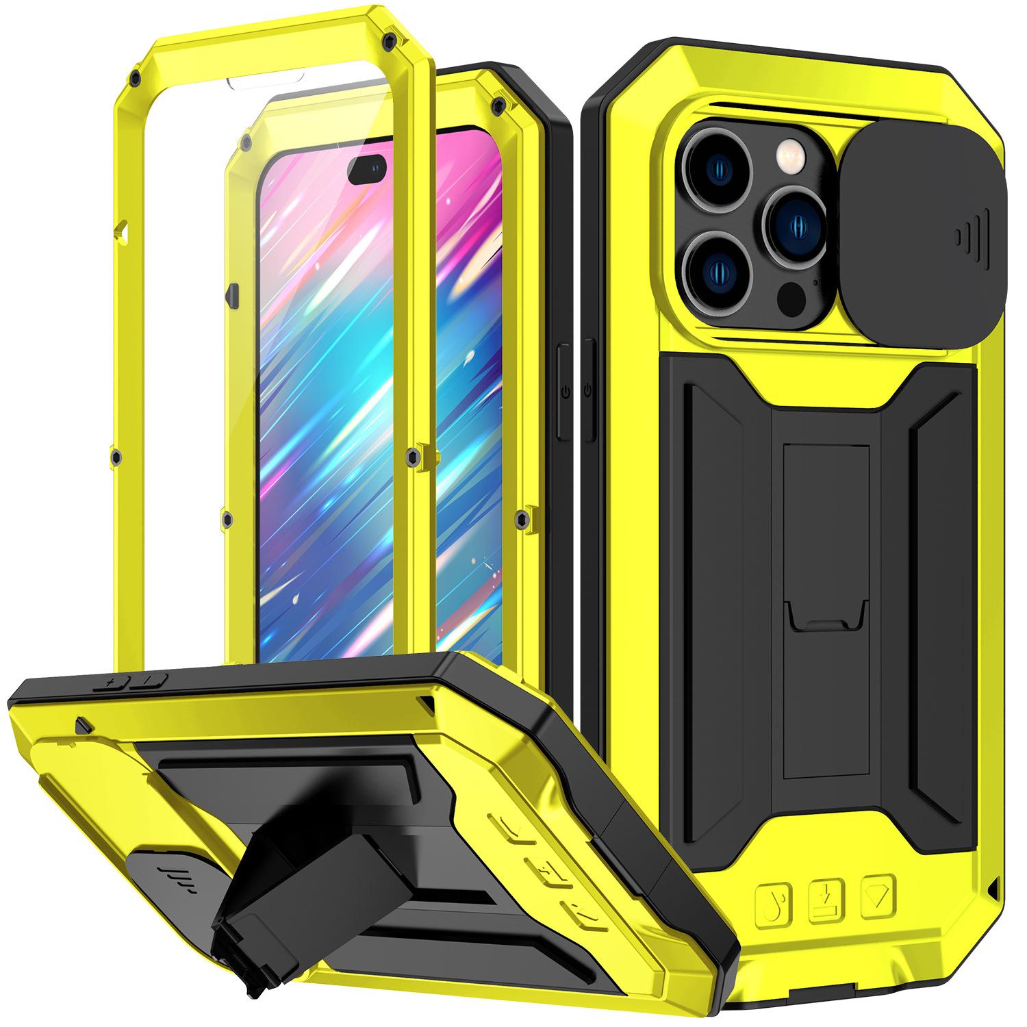 

Rugged Metal Frame Case For iPhone 16/15/14 Pro Max/13, Heavy Duty Shockproof Dustproof Cover With Built-in Glass Screen Protector iphone15promax жовтий