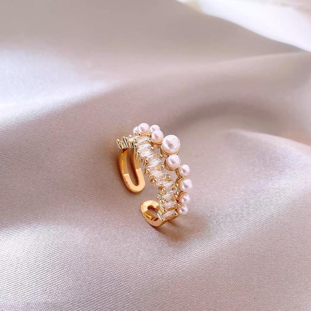 Exquisite French Zircon Pearl Double Layer Geometric Open Ring for Women - Luxurious and Unique Design