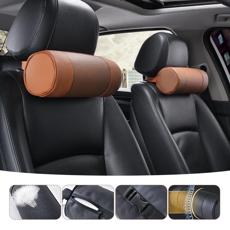 1/2pc Memory Foam Car Headrest Neck Pillow Genuine Leather Auto Cervical Round Roll Office Chair Cylinder Headrest Supports Pad