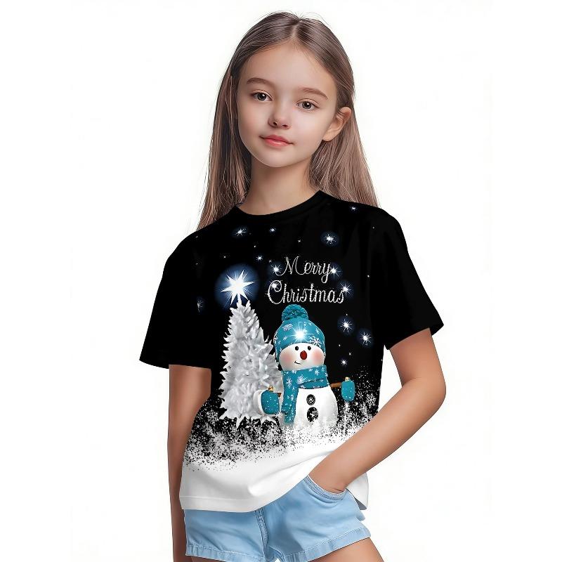 T-Shirt Girls 3D Printed Christmas Featuring Santa Claus Short Sleeve O Neck Casual Christmas Clothes Girls Top
