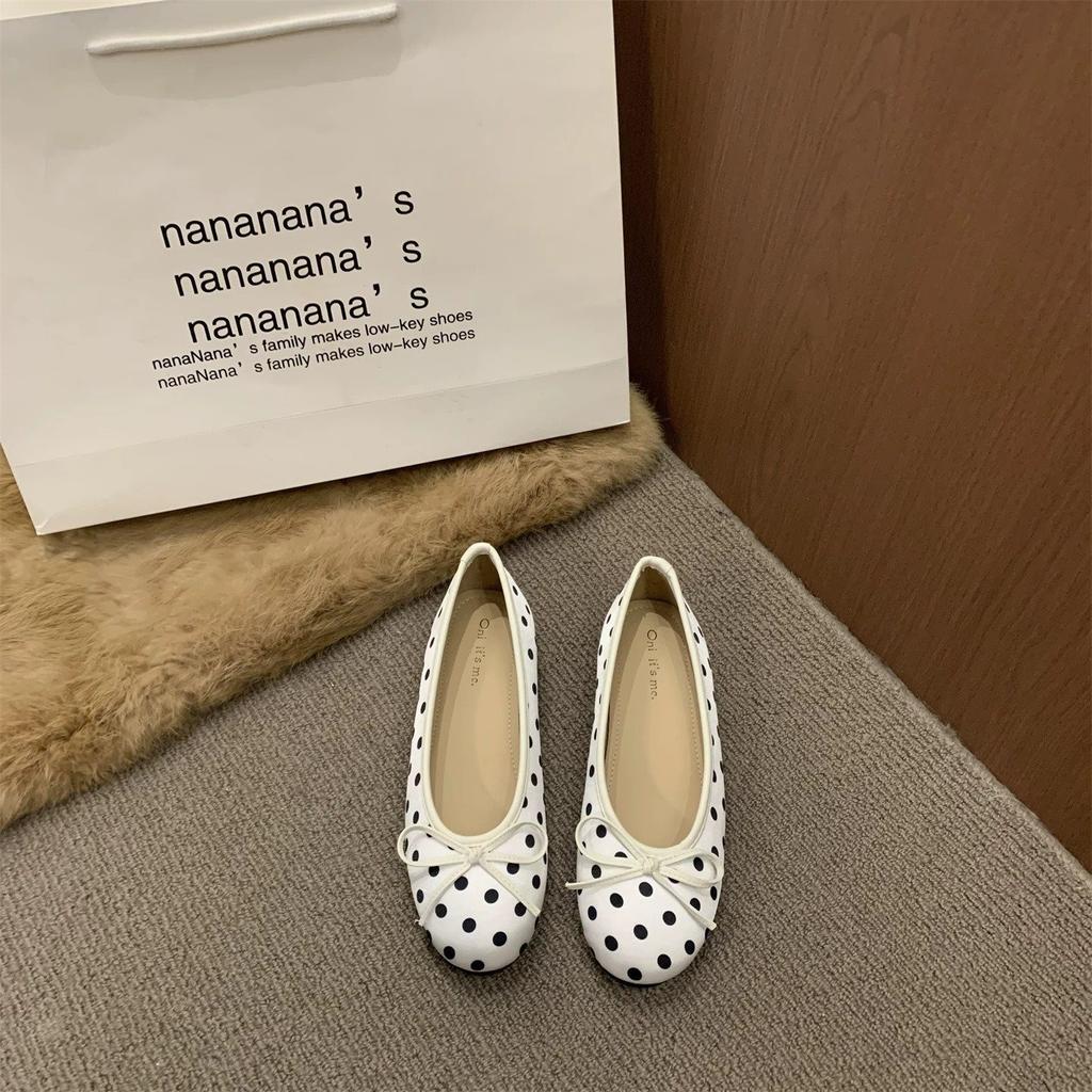 Soft-Soled French Spring Polka Dot Mary Jane Single Shoes Women'S One-Pedal Ballet Shoes Bow Flat Bottom