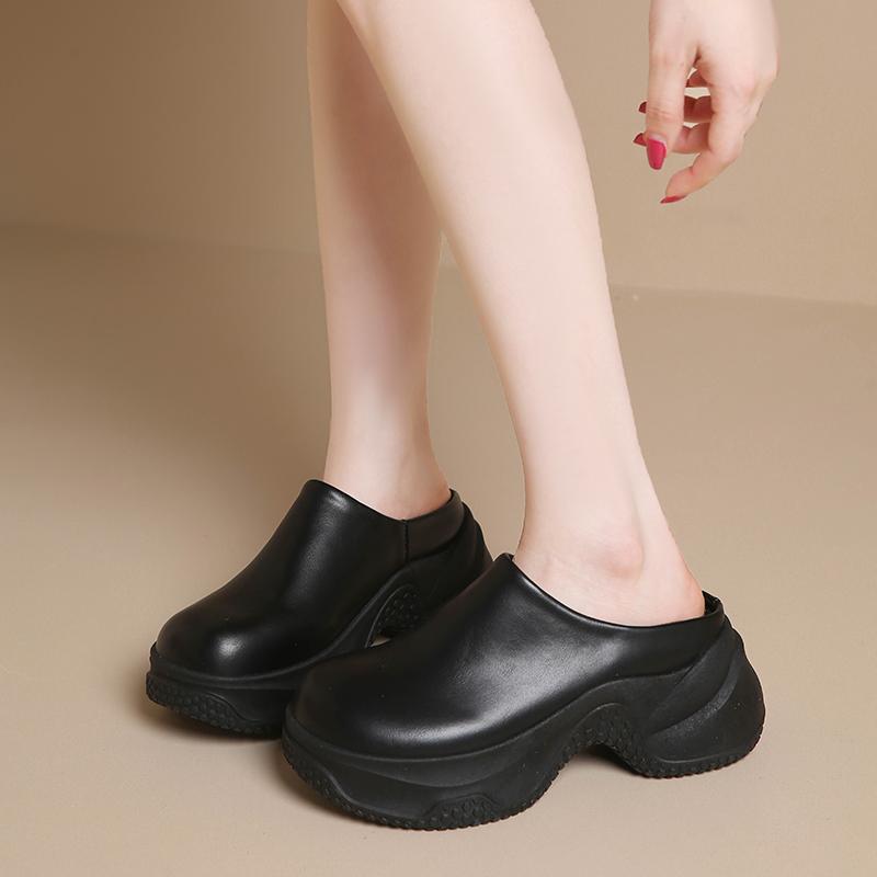 CRLAYDK Women Slip On Mules Slippers Backless Walking Leather Wedge Loafers Leather Casual Ladies Height Increase Slides