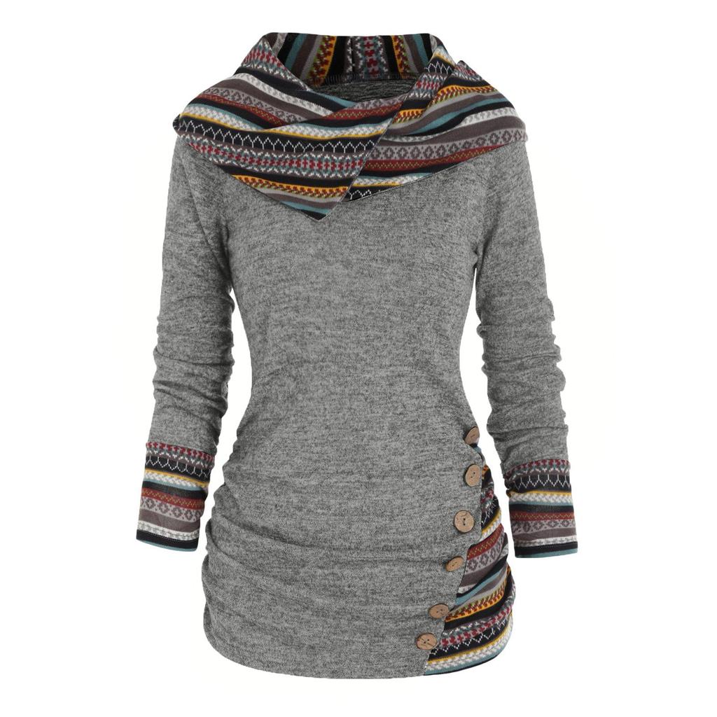 Geometric Stripe Panel Hooded Top Long Sleeve Button Top Pullover Tops For Women