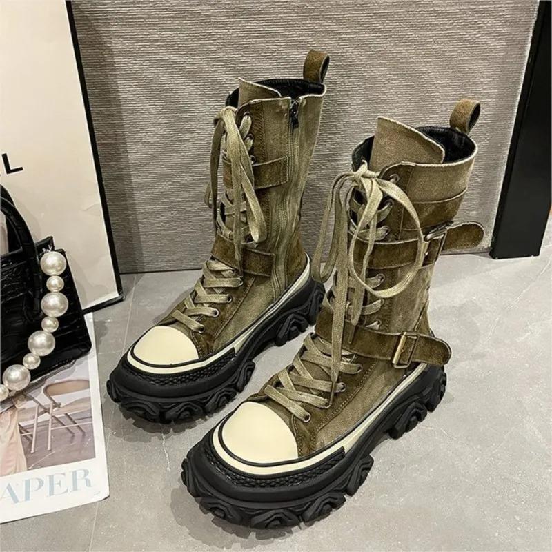 Stivali da Donna con Zeppa Alta Vintage Canvas Tooling Stivali da Cavaliere Alti alla Caviglia Punta Rotonda Suola Muffin Cerniera Laterale Fibbia a Cinturino Stivali