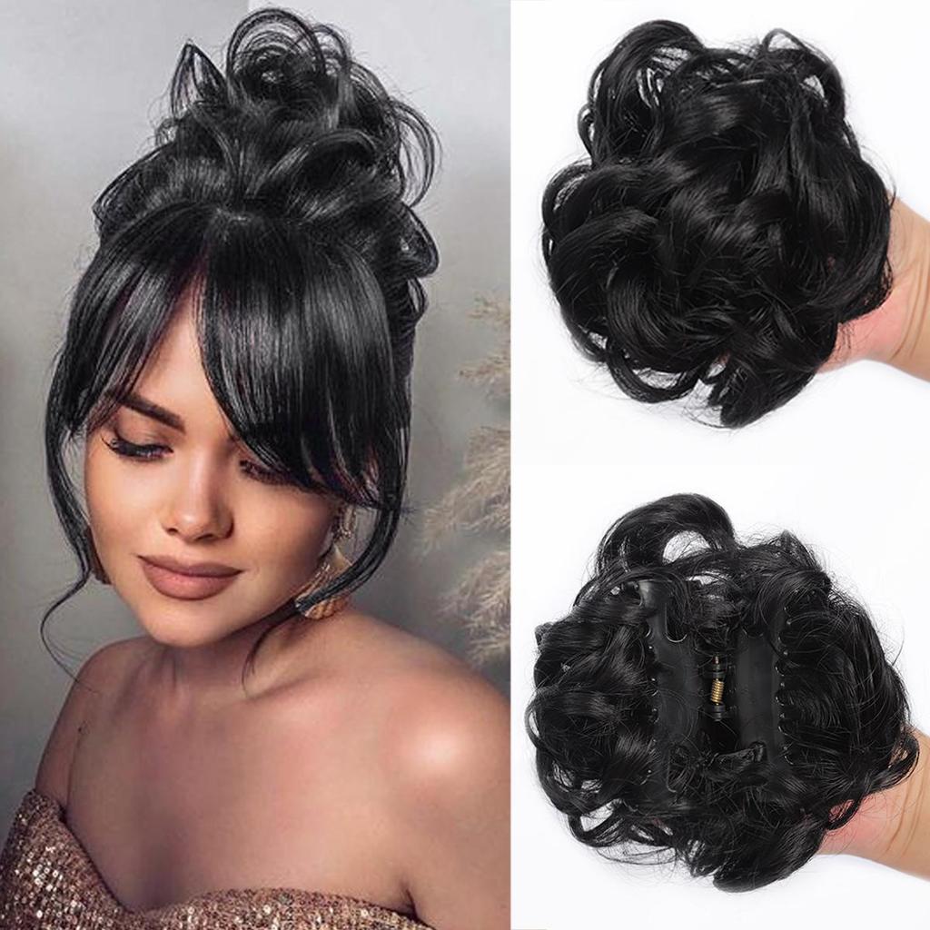 Black Brown Synthetic Chignon Messy Bun Claw Clip in Hair Piece Wavy Curly Hair Bun Ponytail Extensions Scrunchie Hairpieces for Women