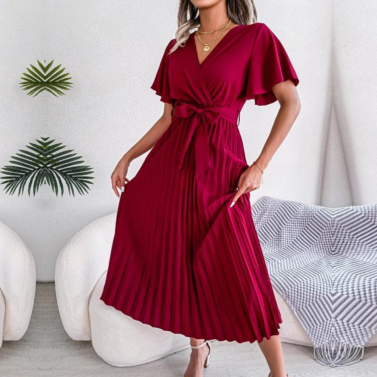 

Elegant Women s Summer Maxi Dress V-Neck Short Sleeve Solid Color Pleated Long Dress Spring Summer Fashion S-XL XL