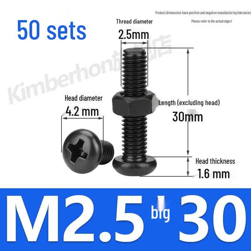 Complete Set of Black 304 Stainless Steel Phillips Round Head Screws and Nuts - M2M3M4M5M6MM.