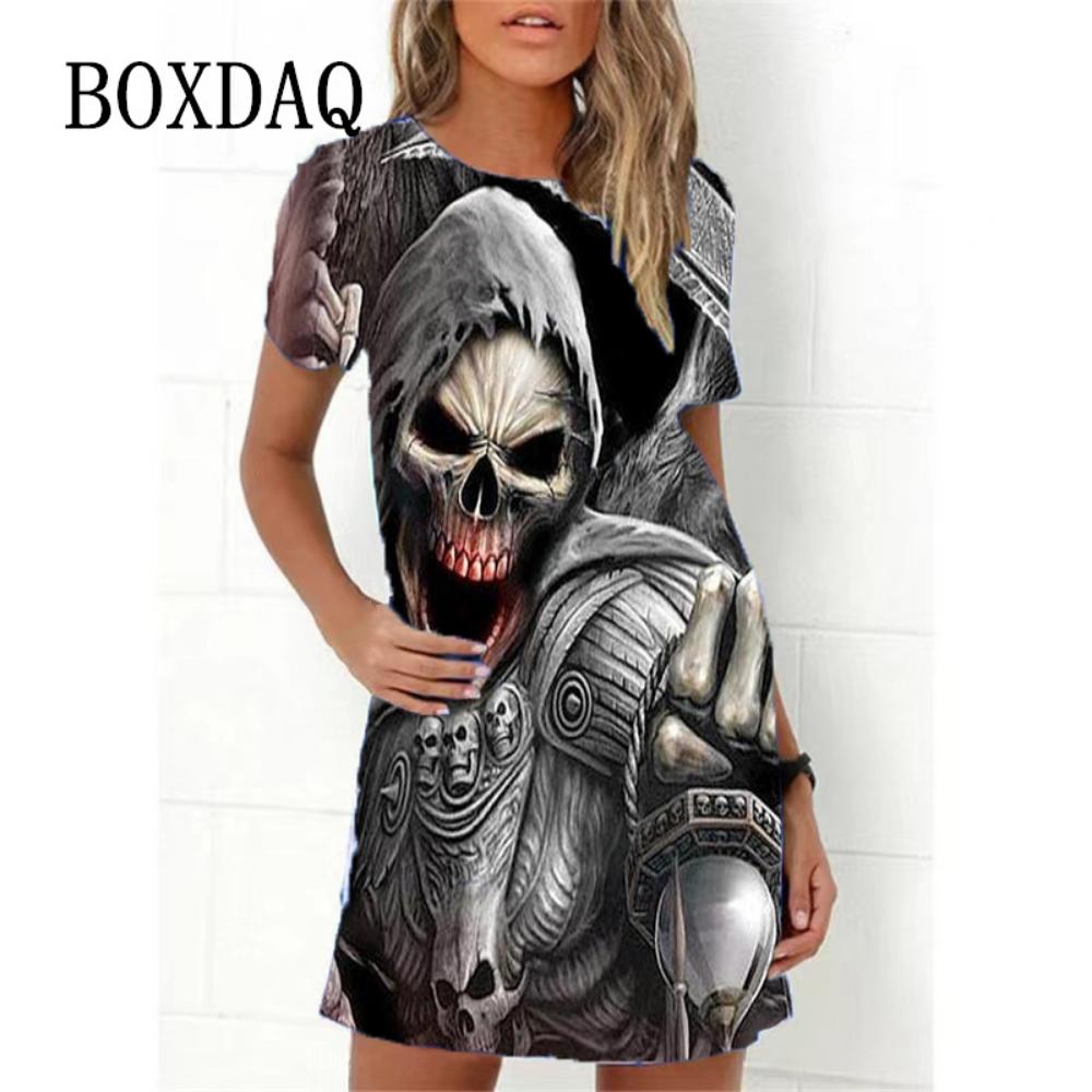 Mode Totenkopf 3D-Druck Damenkleid Lustiges Horror-Muster Lässiges A-Linien-Kleid Sommer 2026 Neu Kurzarm O-Ausschnitt Damen Sommerkleid