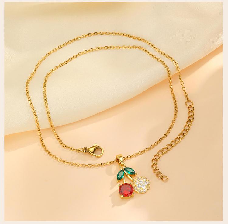 Delicate Red Cherry Pave Zirconia Pendant Necklace for Women, Fruit Summer Jewelry