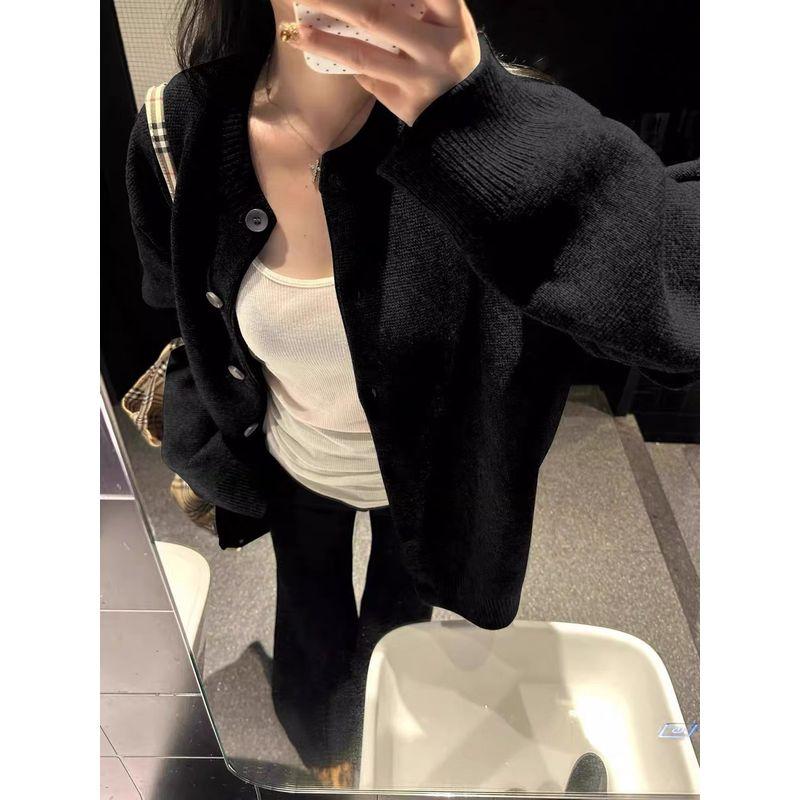 

Черный Свободный Стиль Похудение Двубортный Кардиган Свитер Женское Пальто 2025 Зима Свободный Большой Версии Красивые Шикарные Топы Black Crewneck Outwear S