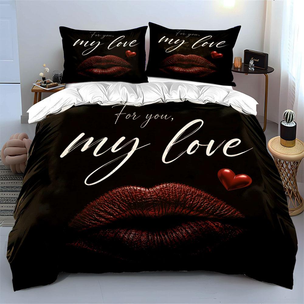 Elegant Red Lips Love Design Bedding Duvet Cover Set Duvet Cover Pillowcases (1*Duvet Cover 2*Pillowcases, without duvet insert)