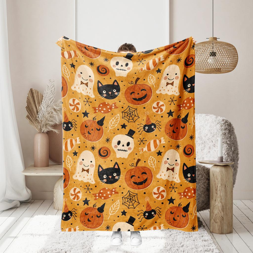 Halloween pumpkin monster bat Printed Blanket for Sofa Bed Travel Camping Living Room Office Conditioning Blanket