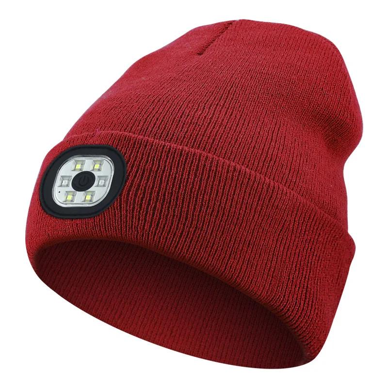 LED lue lue med lys unisex varm vinterlue USB oppladbar hodelykthette vinterstrikket nattbelyst lue lommelykt