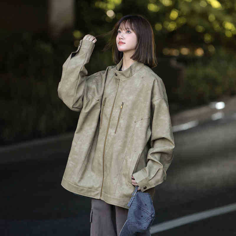 Gray Matte Leather Jacket, Men and Women Loose Stand Collar, Handsome American Autumn Short Motorcycle Suit