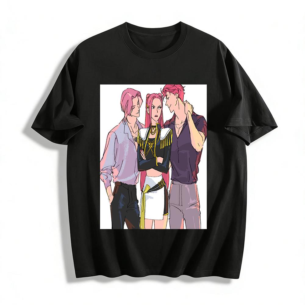 

Anime Pink-haired Trio Graphic T-shirt Trendy Cartoon Character Print Casual Loose Top Pure cotton T-shirt XXS
