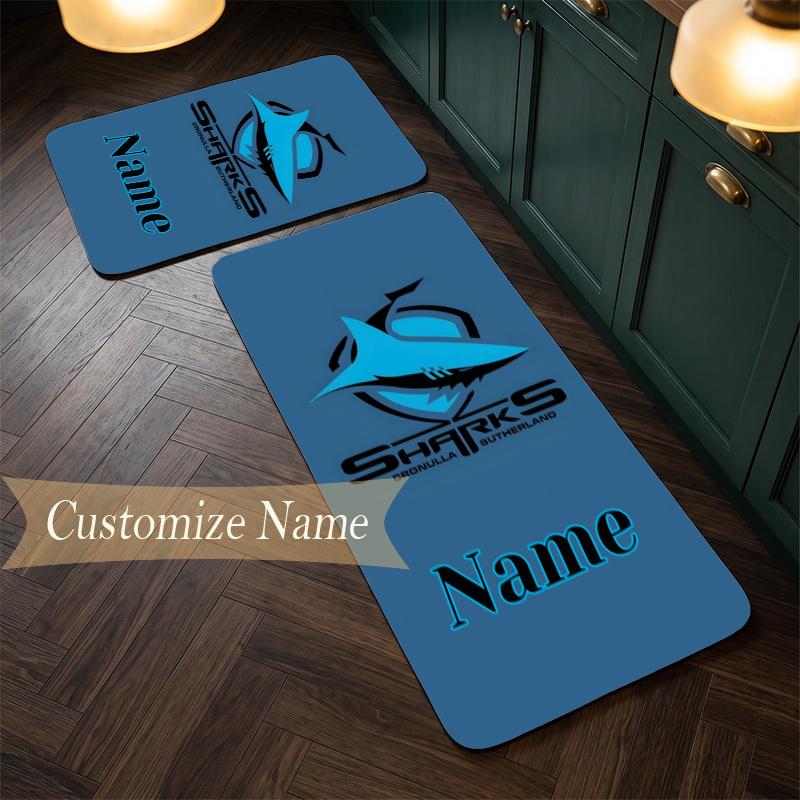 Cronulla Sutherland Sharks (1) Personalizowana flanelowa mata kuchenna z imieniem, miękki, antypoślizgowy dywanik kuchenny do dekoracji domu