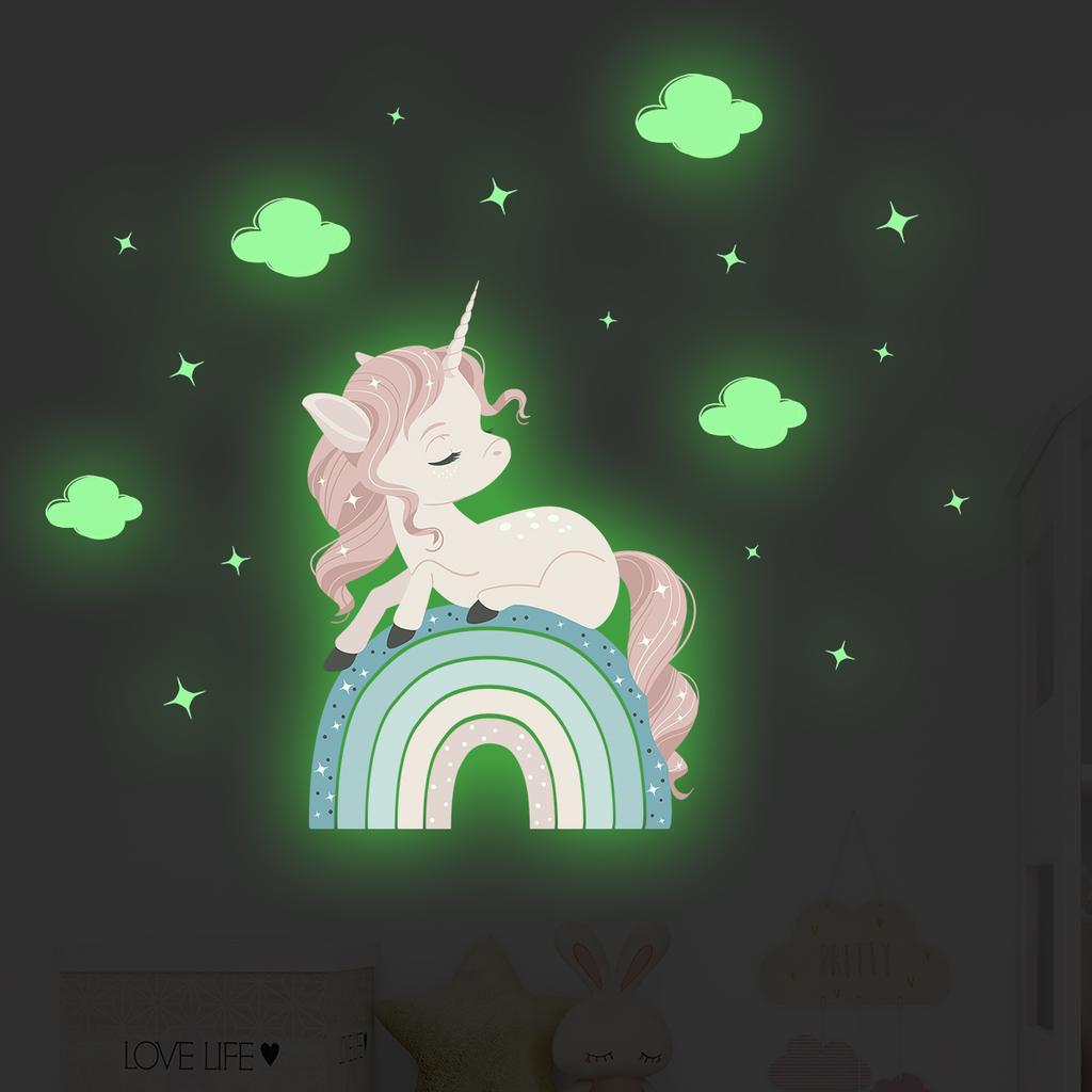 Cartoon Cute Rainbow Cloud Unicorn Glow Wall Stickers Decoration for Bedroom Girls Gift Home Decore Living Room Wall Decals