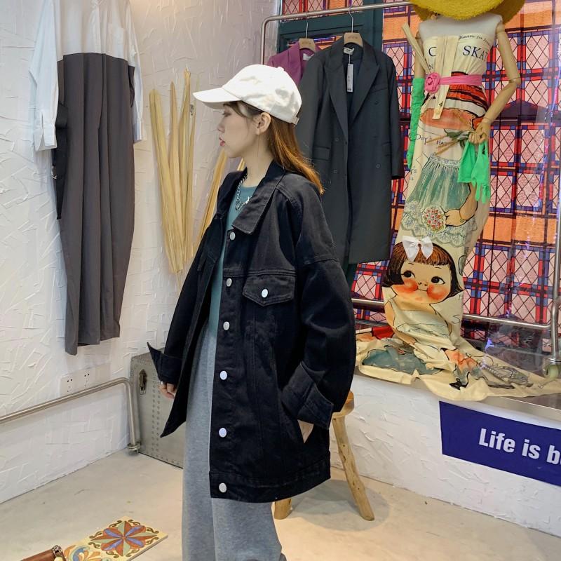 Giacca di jeans nera oversize da donna, vestibilità larga, cappotto casual streetwear con cuciture a contrasto