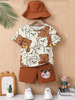 Set T-shirt e Pantaloncini Casual Estivi con Stampa di Orso a Cartoni Animati, Girocollo, Stampa 3D, Manica Corta
