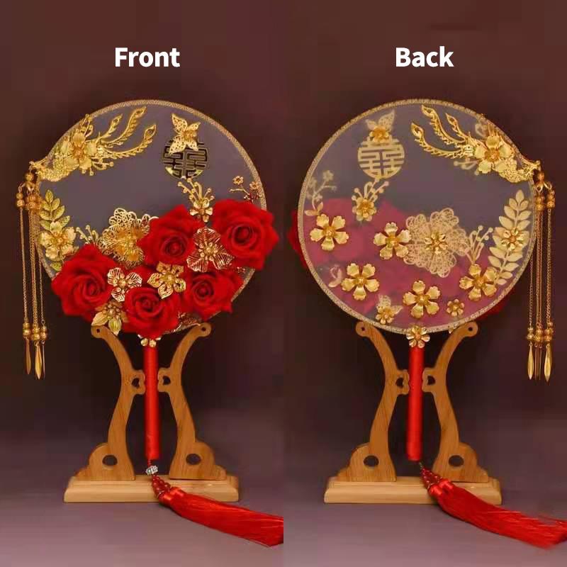 Vintage Chinese Wedding Dress Hanfu Decorative Fans Bridal Round Hand Fans Dragon Phoenix Handmade Gold Red Photography Fan Prop