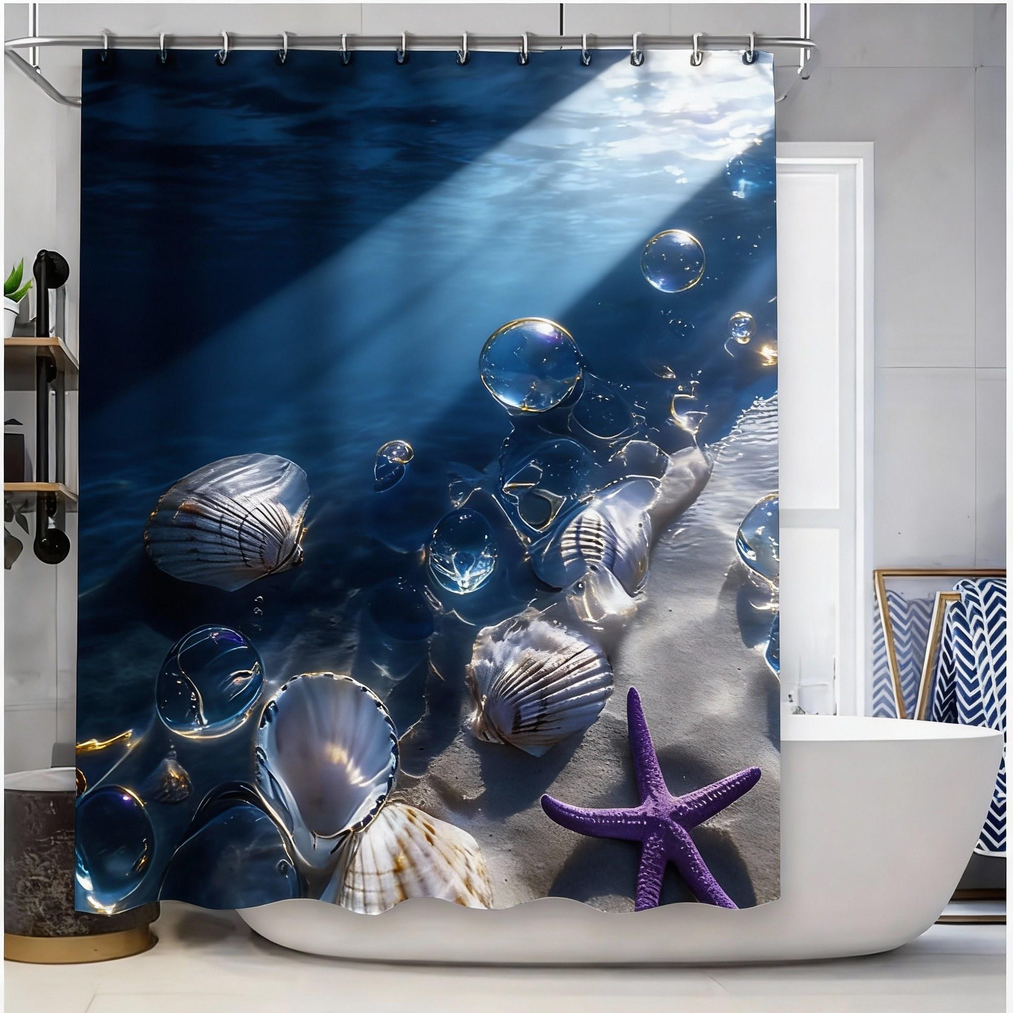 

Beach Themed Shower Curtain With Sea Shells And Blue Starfish Design - Watercolor Effect For Home Bathroom Decor Elevate Space W60H190(CM)-1 Pcs