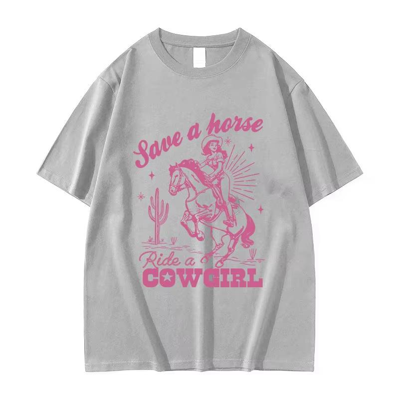 2025 Summe Save A Horse Ride A Cowboy Druck Freizeit Herren Damen Harajuku F100 Reine Baumwolle Bedrucktes Atmungsaktives T-Shirt Y2k