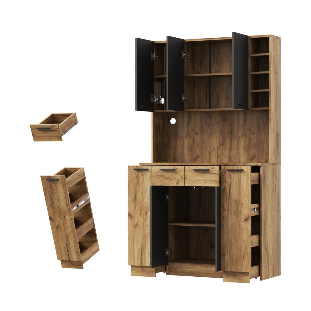 Kitchen Cabinet with LED, Shelf with Socket and 4-Tier Pull-Out Spice Rack, Wine Rack and Display Cabinet for Kitchen & Dining Room, 180 × 100 × 40 Cm