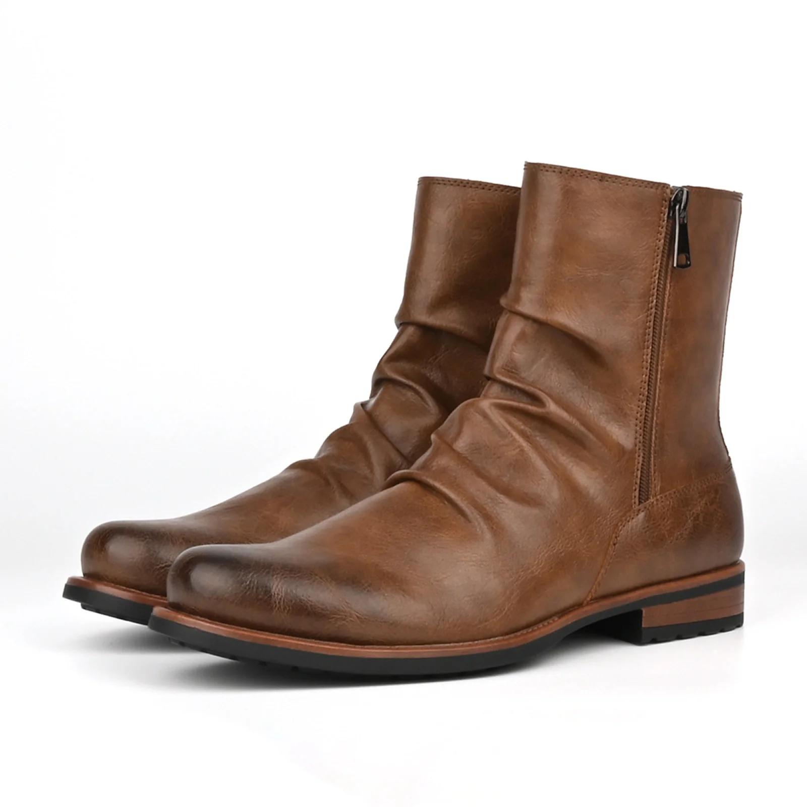 

Plus Size Men s Casual Stage Nightclub High Chelsea Boots Black Brown Shoes Cowboy PU Leather Boot Motorcycle Halloween 47 коричневий