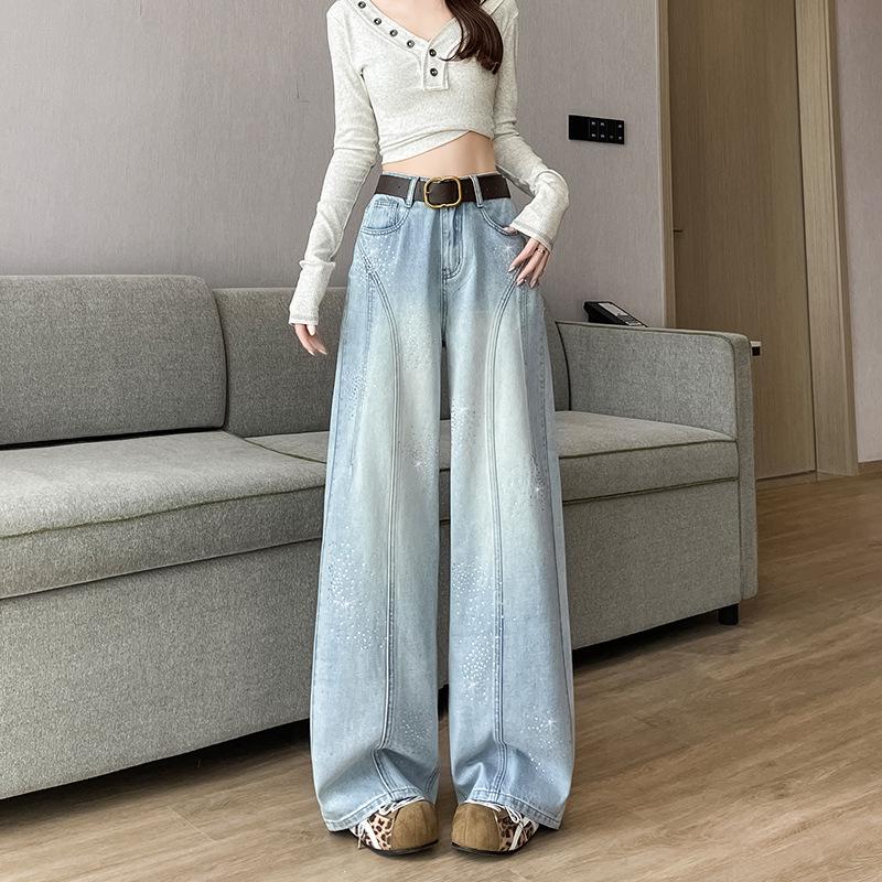 Women's Retro Fireworks Rhinestone Denim Jeans: Stylish Wide-Leg, Floor-Length Pants
