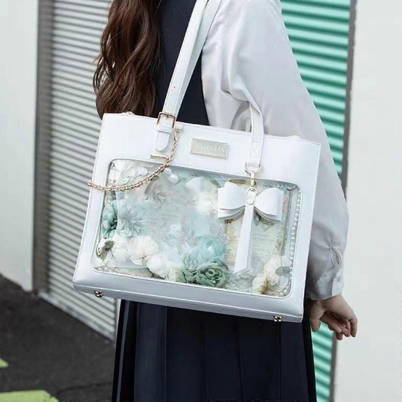 Japanese School Girl Cute Bowknot PU Leather Shoulder Bag Itabag Student Anime Clear Window Zippered Handbag for Women White