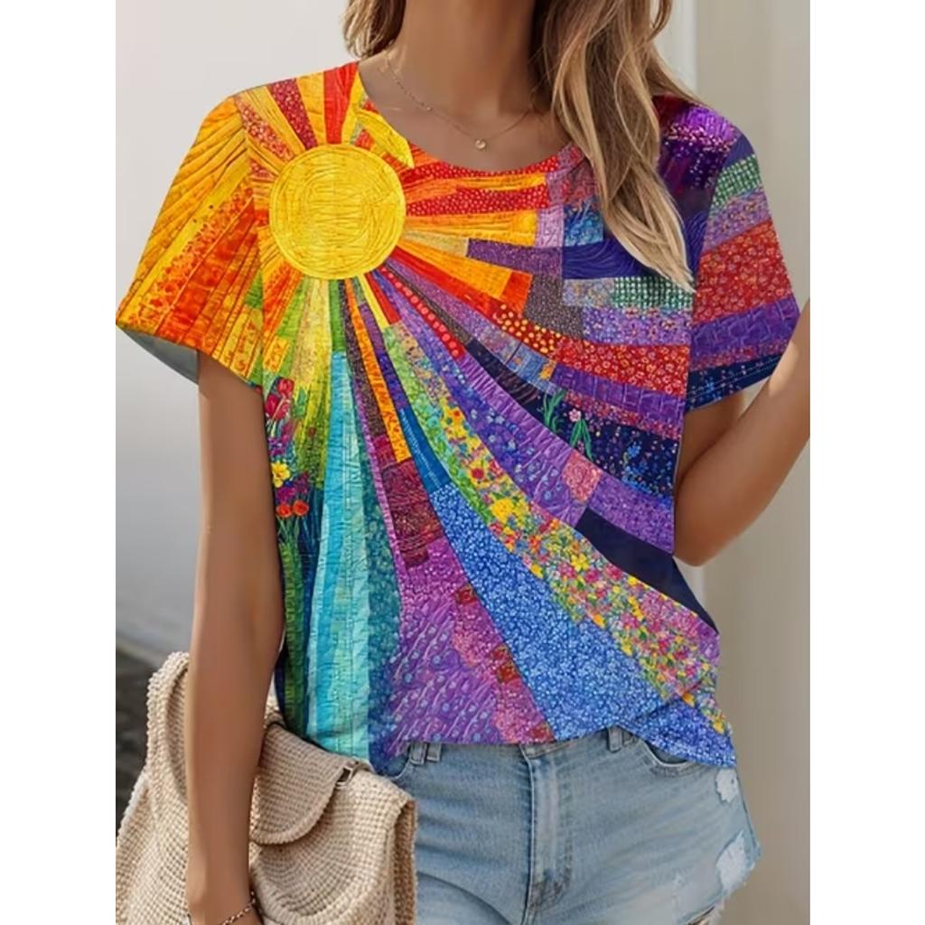 Fashion Women Retro Tie-dye Patterns Print T Shirt Funny Casual O-neck Short Sleeves T-shirt Summer Female Tee Shirt