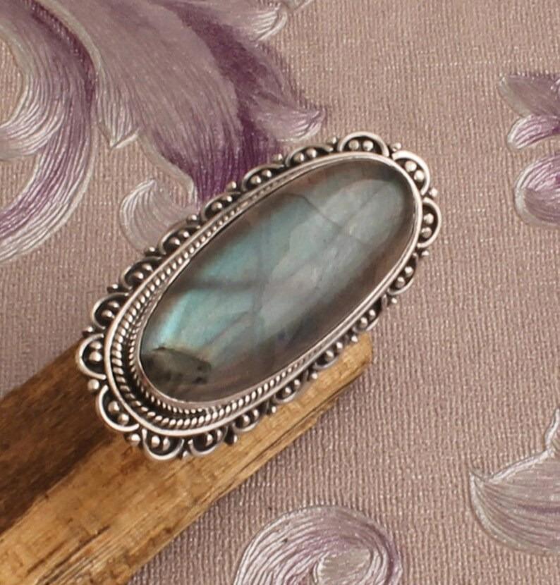 Labradorit Edelstein Ring massiver Stein 925 Sterling Silber blauer Stein Ring für Damen Geschenkidee Edelstein Schmuck ca. 8,5 g