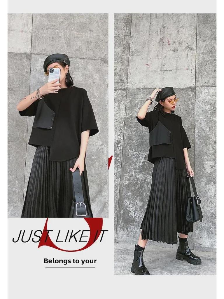 Women's Japanese Dark Style Two-Piece Set: Irregular Short Sleeve Top & Pleated Midi Skirt.