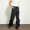 Mens Relaxed Fit Straight Leg Jeans With Multi-Pocket Deconstructed Design Washed Cotton Streetwear Style