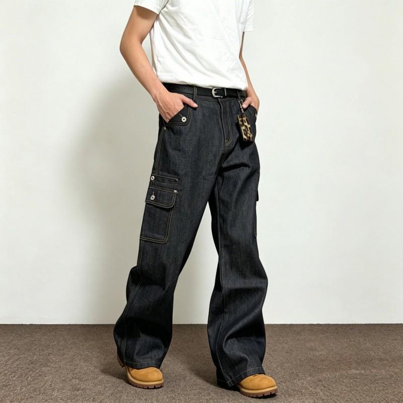 Mens Relaxed Fit Straight Leg Jeans With Multi-Pocket Deconstructed Design Washed Cotton Streetwear Style