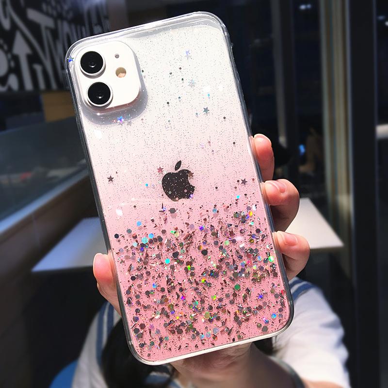 Luxury Purple Glitter Sequin Transparent Phone Case For iPhone 11 12 13 14 15 16 Pro Max XS X XR 7 8 Plus SE Soft Silicone Cover