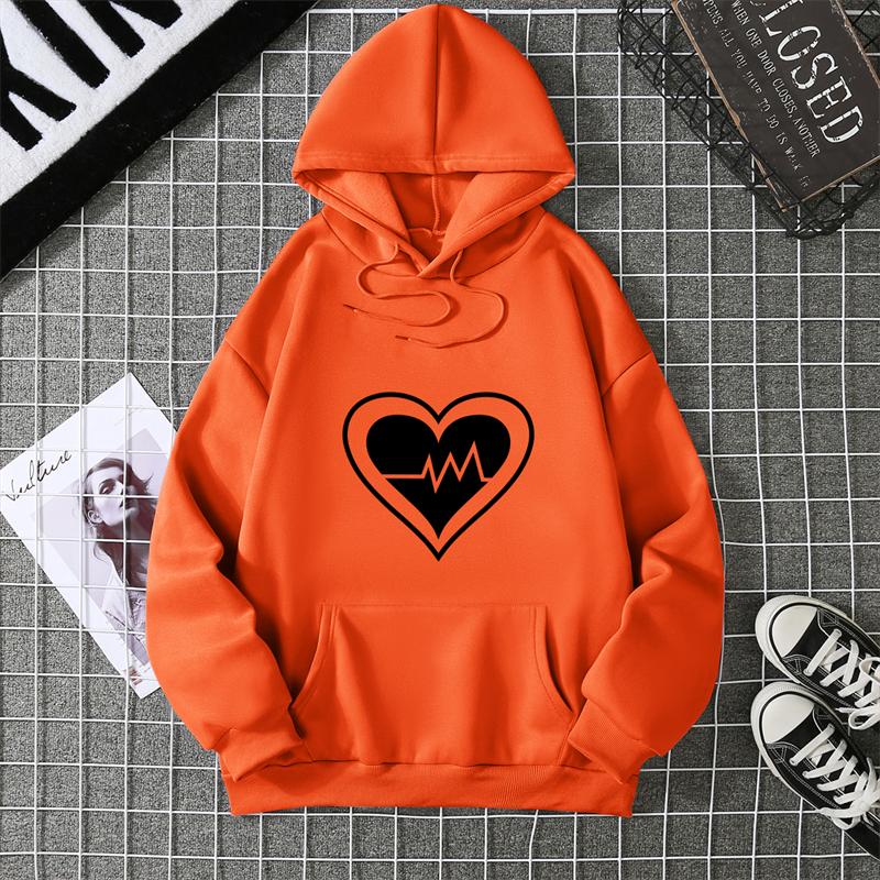 Women's Fleece Lined Hoodie Solid Color Heart Print Kangaroo Pocket Drawstring Printed Hooded Sweatshirt Streetwear