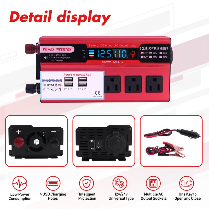 5000W Car Power Inverter Pure Sine Wave DC 12V To AC 110V Converter LCD Screen Display Portable Household