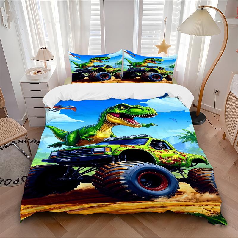 3pcs Dinosaur Monster Truck Home Bedding Set-Universal Three-Piece Suit for Bedroom, Guest Room, Living Room, Hotel-Perfect Holiday Gift for