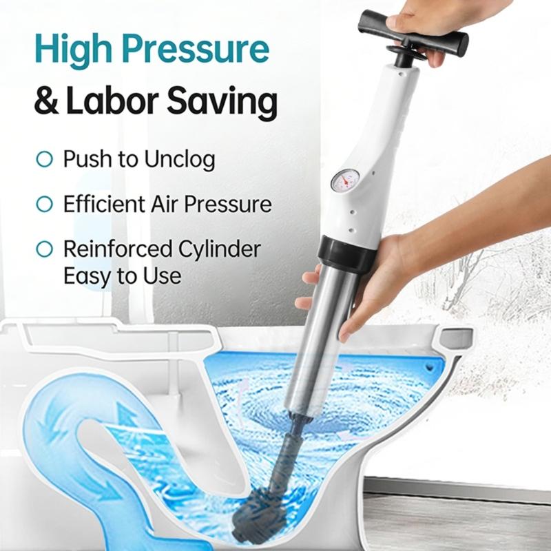 Toilet Plunger Air Pressure Drain Opener Adjustable Gauge 3/5 Attachments For Clogged Toilet Sink Shower